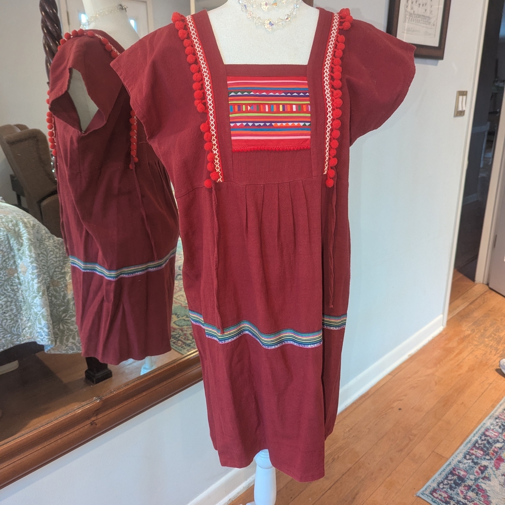 Imported Handmade Red Embroidered Midi Dress with Pom-Pom Trim